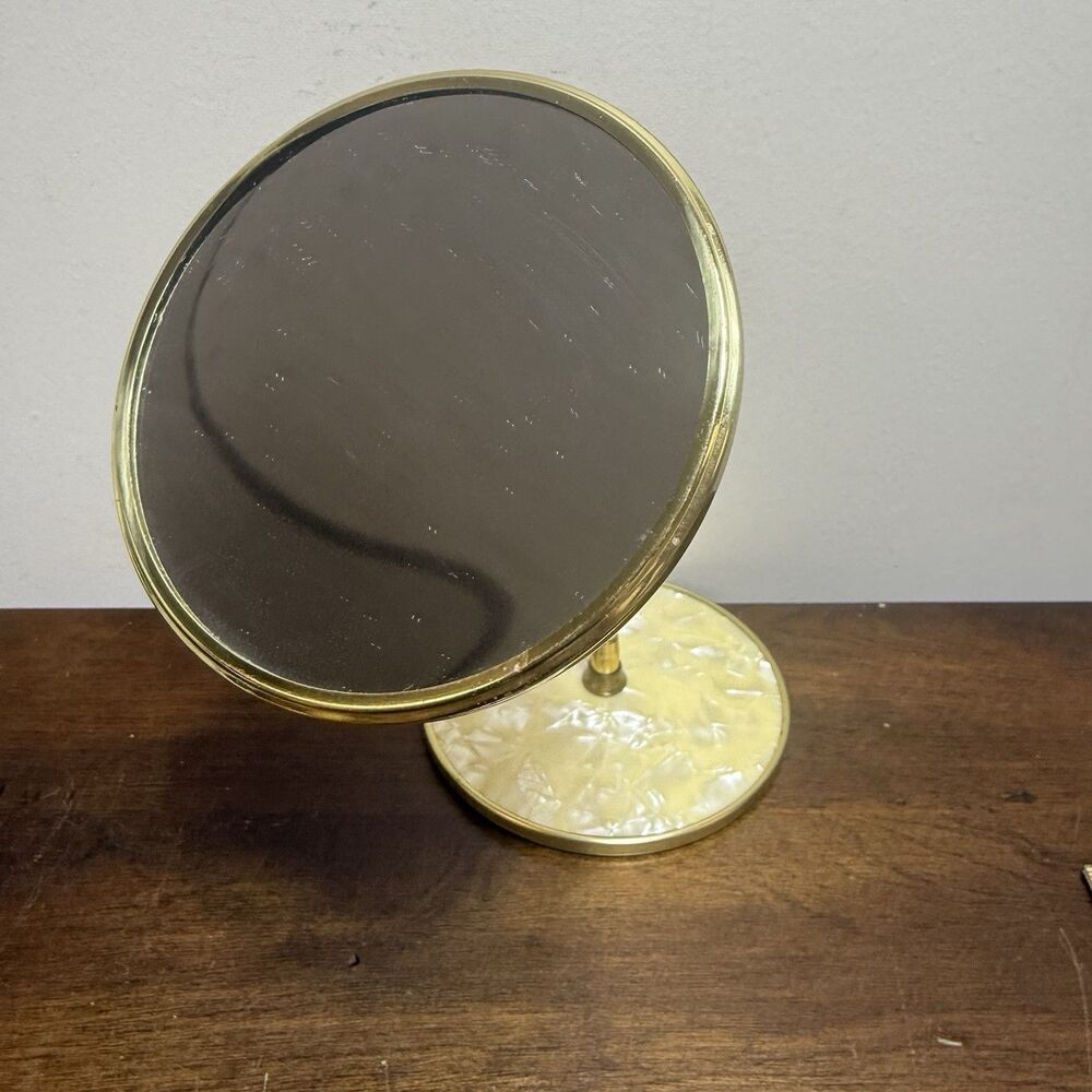 Vintage Brass Gooseneck Double Vanity Mirror Pearlescent Base Hollywood Regency - Picture 4 of 11